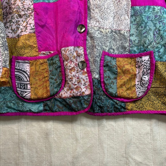 Vintage 90s Womens Medium Silk Patchwork Rainbow Quilt CoatJacket Cottagecore - Picture 3 of 12